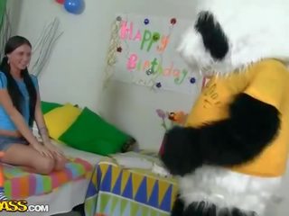 Today this adorable babe turned 18 and fucks her Panda film